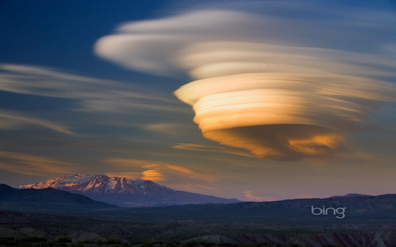 Lenticular cloud sunset over extinct volcano, Patagonia, Argentina